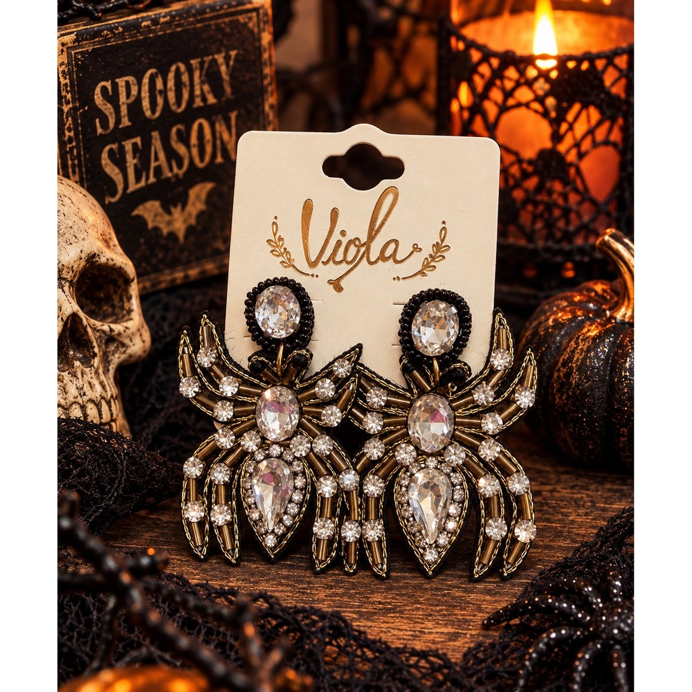Rhinestone Spider Earrings Halloween Seed Bead Statement Earrings Gold Black